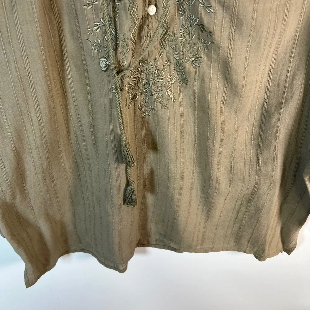 Denim & Supply Ralph Lauren Khaki Green Embroidered Cotton Peasant Blouse Large - Picture 3 of 9